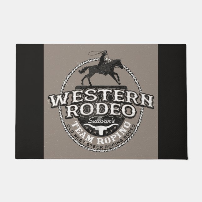 Western Rodeo Old West Steer Roping Personalized Doormat (Front)