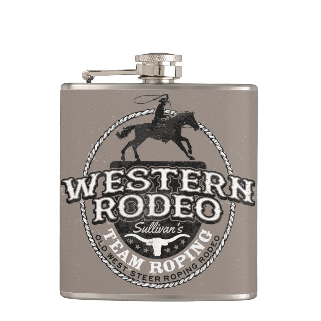 Western Rodeo Old West Steer Roping Personalized Hip Flask (Front)