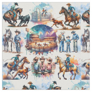 Western Rodeo Young Cowboy Calf Roping Fabric