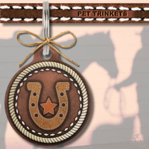 Western Rope Stitched Leather Horseshoe Star Pet Tag