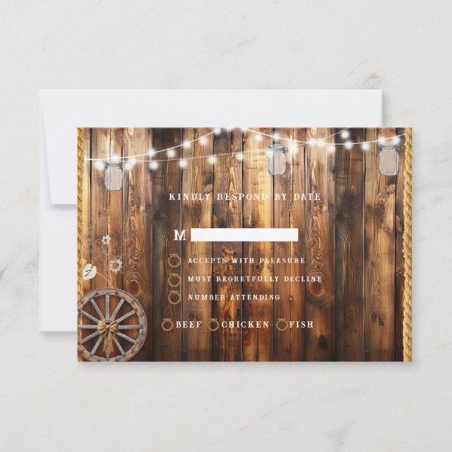 Western Rope Wagon Wheel Mason Jar String Lights  RSVP Card (Front)