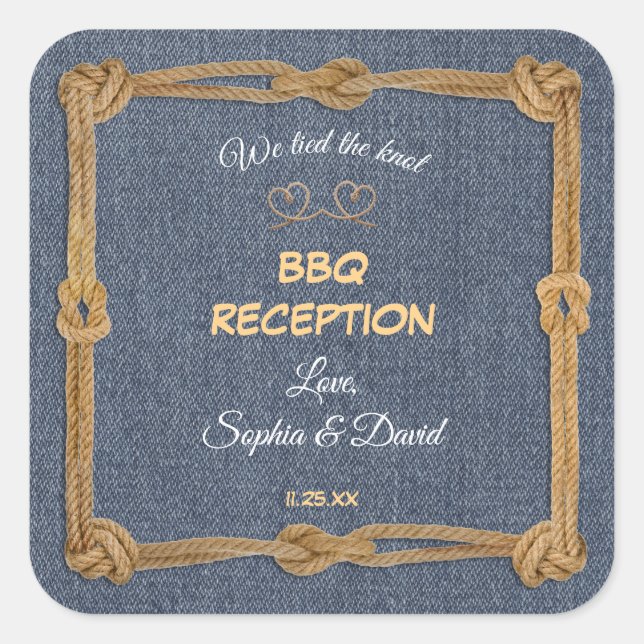 Western Rope We Tied The Knot BBQ Reception Square Sticker (Front)