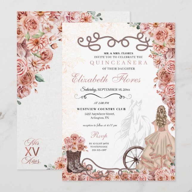 Western Rose Gold Princess Charra Quinceañera Invitation (Front/Back)