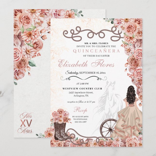 Western Rose Gold Princess Charra Quinceañera Invitation (Front/Back)