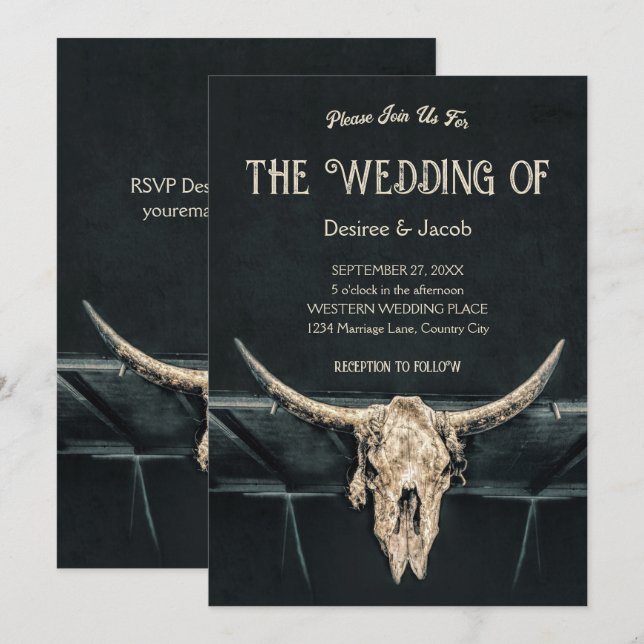 Western Rustic Beige Grey Country Bull Skull Invitation (Front/Back)