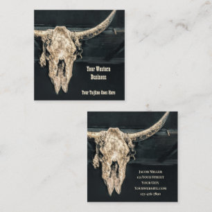 Western Rustic Beige Grey Country Bull Skull Square Business Card