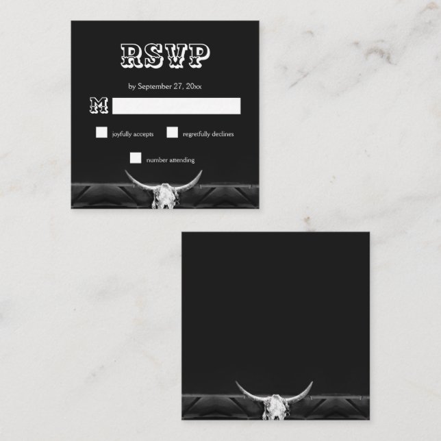 Western Rustic Black And White Bull Skull RSVP Enclosure Card (Front/Back)