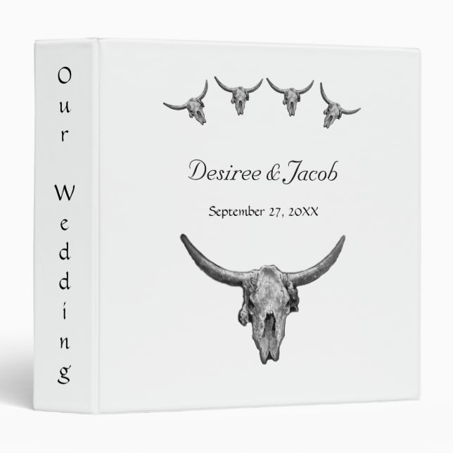 Western Rustic Black And White Wedding Bull Skull Binder (Front/Spine)