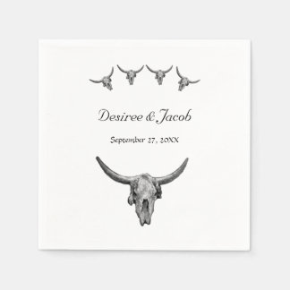 Western Rustic Black And White Wedding Bull Skull Napkin