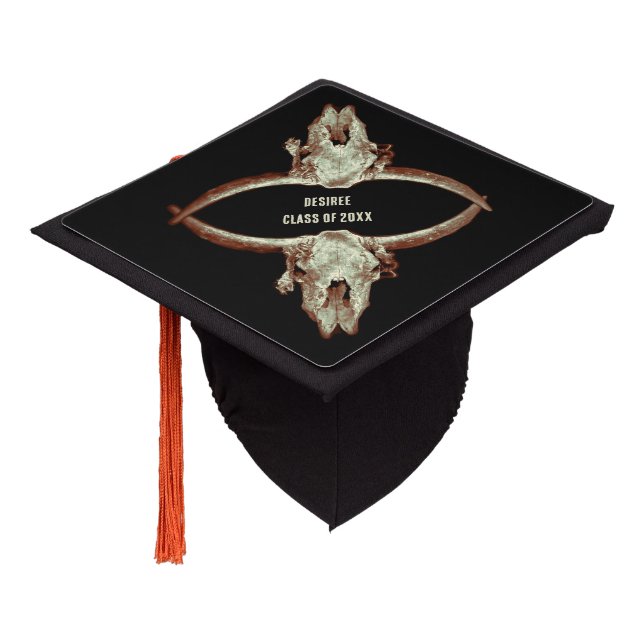 Western Rustic Black Beige Country Bull Skull Graduation Cap Topper (Angled)