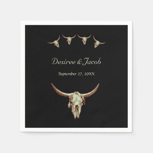 Western Rustic Black Wedding Cow Bull Skull Napkin (Front)