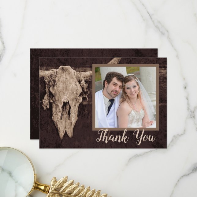 Western Rustic Brown Bull Skull Country Photo Thank You Card (Front/Back In Situ)
