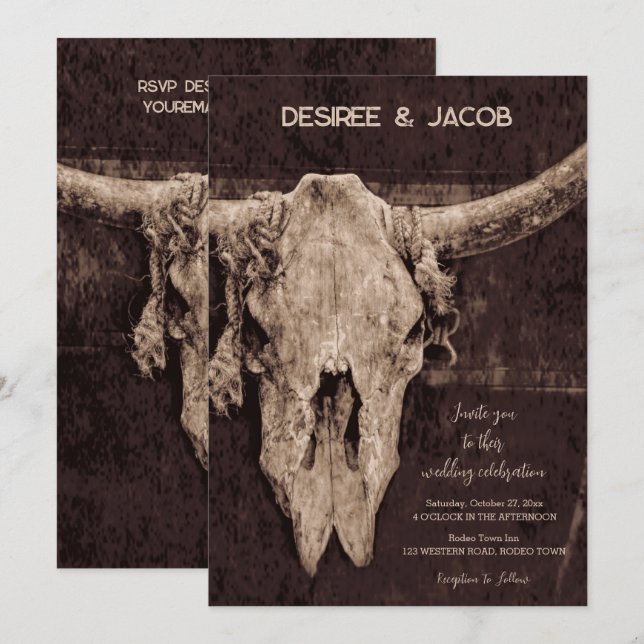 Western Rustic Brown Country Rodeo Bull Skull Invitation (Front/Back)