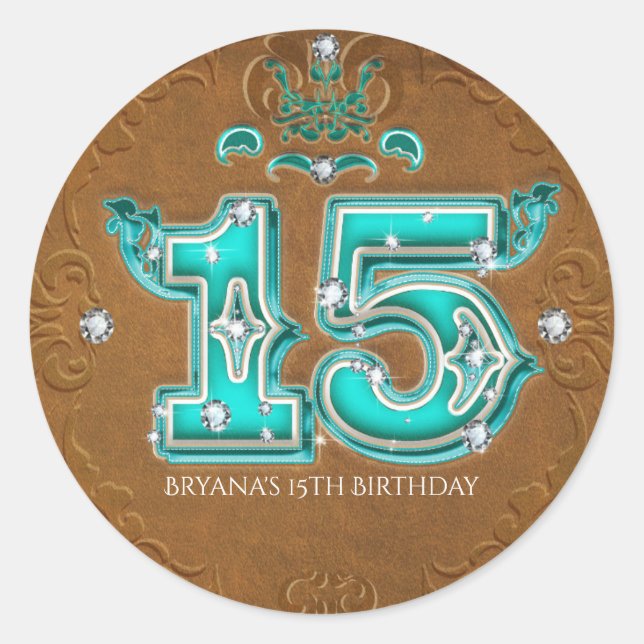 Western Rustic Brown Faux Leather Number 15 Quince Classic Round Sticker (Front)
