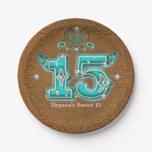 Western Rustic Brown Leather Look & Diamonds 15 Paper Plate