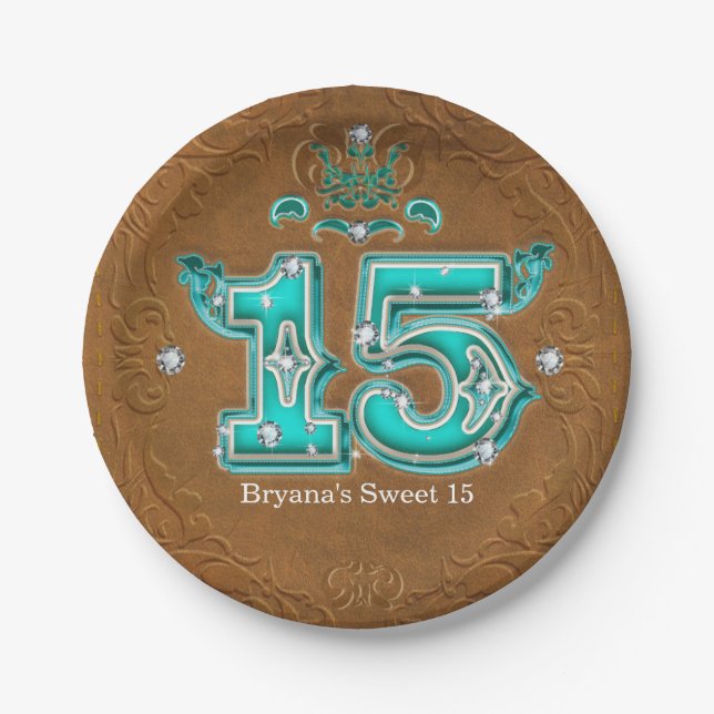 Western Rustic Brown Leather Look & Diamonds 15 Paper Plate (Front)