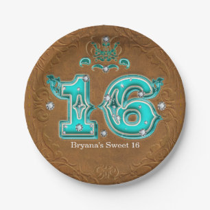 Western Rustic Brown Leather Look & Diamonds 16 Paper Plate