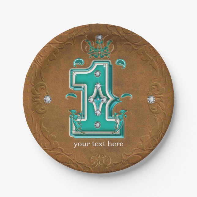Western Rustic Brown Leather Look & Diamonds 1 One Paper Plate (Front)