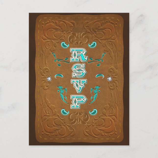 Western Rustic Brown Leather Look & Diamonds RSVP Invitation Postcard (Front)