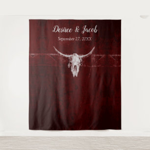 Western Rustic Bull Skull Burgundy Backdrop Tapestry