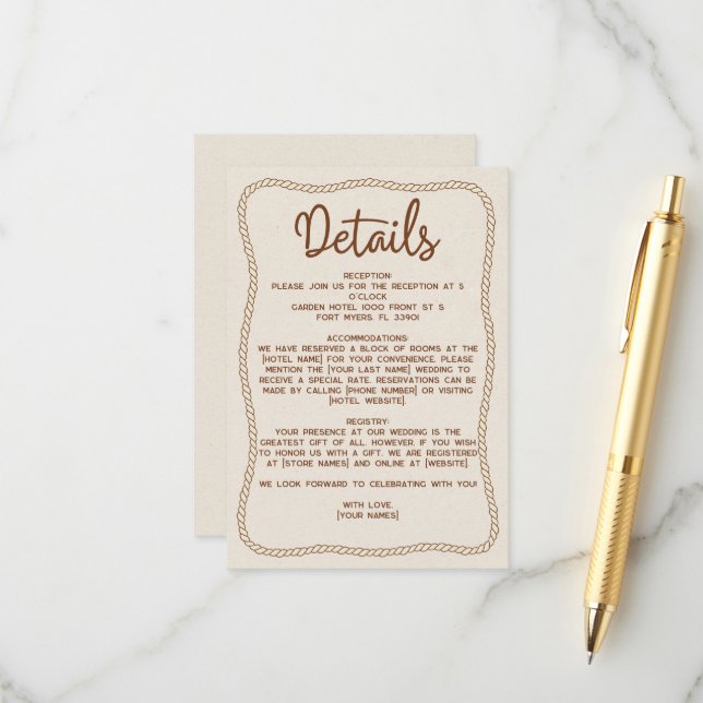 Western Rustic Casual Beige Brown Wedding Details Enclosure Card (Front/Back In Situ)