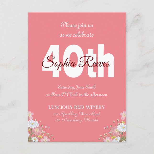Western Rustic Country Wildflower 40th Birthday Postcard (Front)