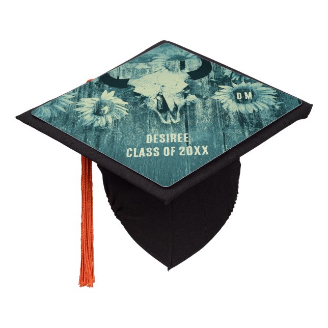 Western Rustic Dark Teal Bull Skull Sunflowers Graduation Cap Topper (Angled)