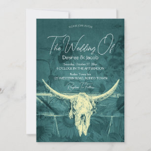 Western Rustic Dark Teal Sunflowers Bull Skull Invitation