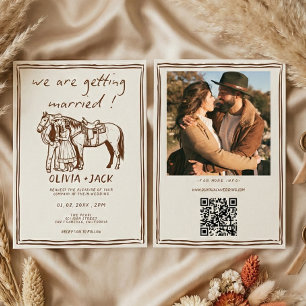 Western Rustic Hand Drawn Photo QR Code Wedding Invitation