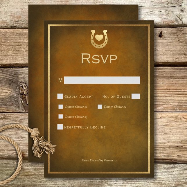 Western Rustic Horseshoe Brown & Gold Dinner RSVP Card (Western Rustic Horseshoe Brown & Gold Dinner RSVP Card)