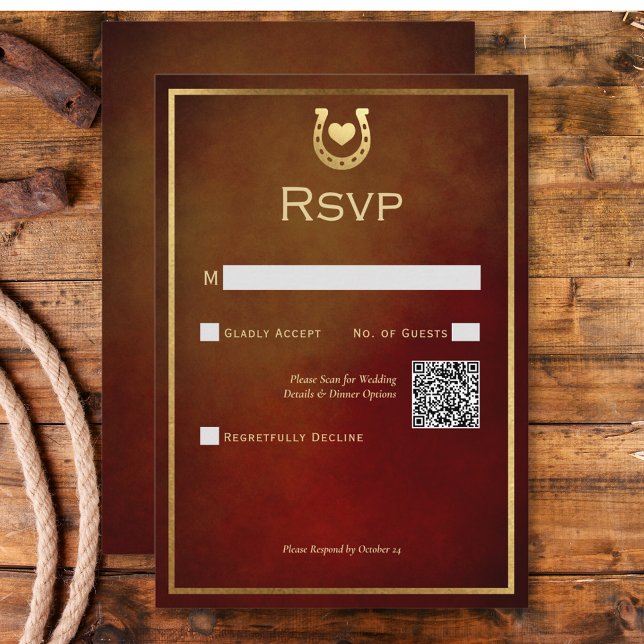 Western Rustic Horseshoe Burgundy & Gold QR Code RSVP Card (Western Rustic Horseshoe Burgundy & Gold QR Code RSVP Card)