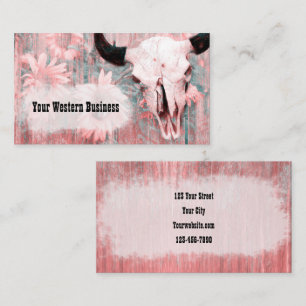 Western Rustic Pink Bull Skull Sunflowers On Wood Business Card