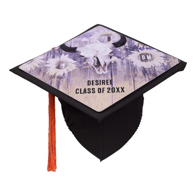 Western Rustic Purple Sepia Bull Skull Sunflowers Graduation Cap Topper (Angled)