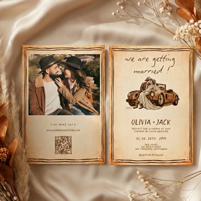 Western Rustic Vintage Photo QR Code Wedding   Invitation (Creator Uploaded)