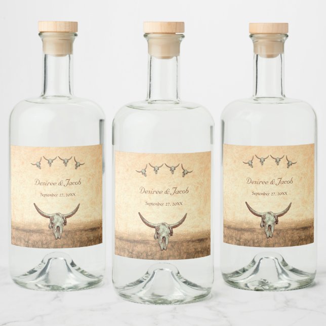 Western Rustic Wedding Country Cow Bull Skull Liquor Bottle Label (Bottles)