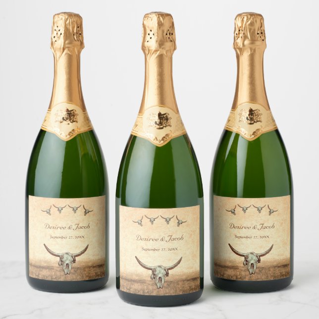 Western Rustic Wedding Country Cow Bull Skull Sparkling Wine Label (Bottles)