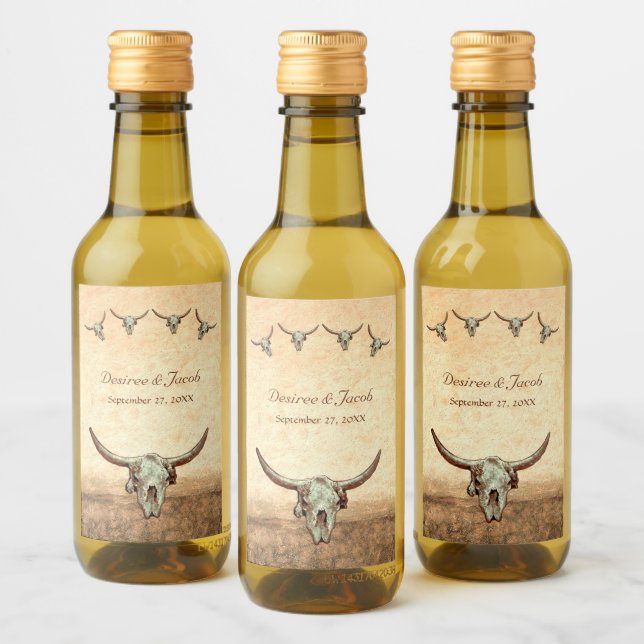 Western Rustic Wedding Country Cow Bull Skull Wine Label (Bottles)