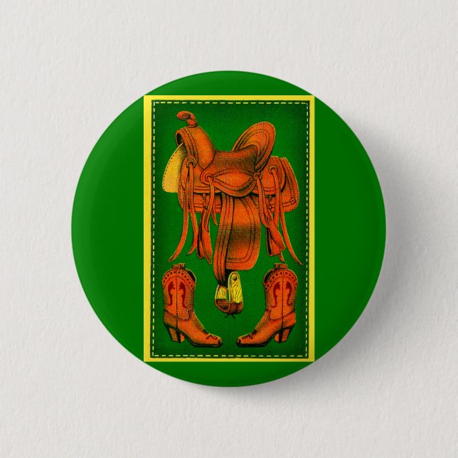 Western saddle and cowboy boots 2 inch round button (Front)