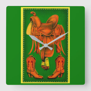 Western saddle and cowboy boots square wall clock