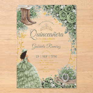 Western Sage Green Rose Golden Country Quinceañera Acrylic Invitations
