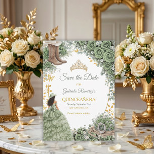 Western Sage Green Rose Golden Country Quinceañera Save The Date