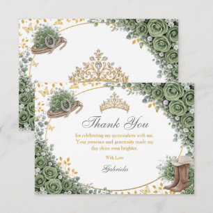 Western Sage Green Rose Golden Country Quinceañera Thank You Card