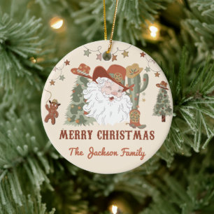 Western Santa Christmas Party Ceramic Ornament