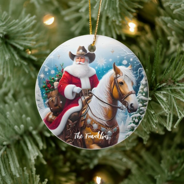 Western Santa Claus Riding a Horse Christmas Ceramic Ornament (Tree)