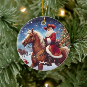 Western Santa Claus Riding a Horse Christmas Ceramic Ornament