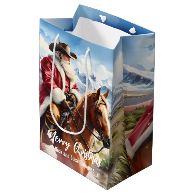 Western Santa Claus Riding a Horse Christmas Medium Gift Bag (Front Angled)