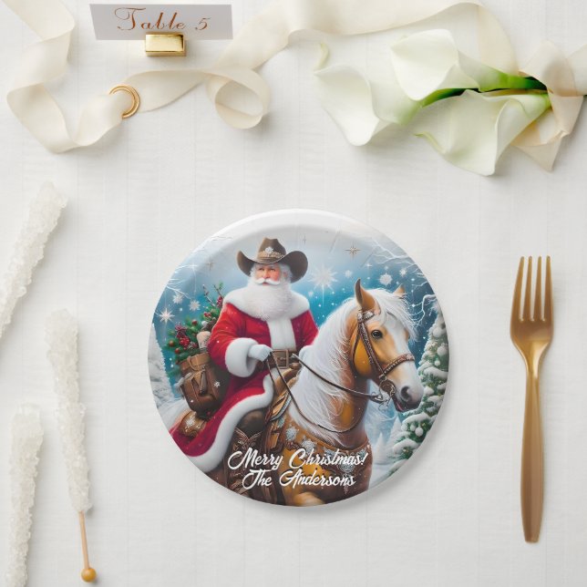 Western Santa Claus Riding Palomino Christmas Paper Plate (Wedding)
