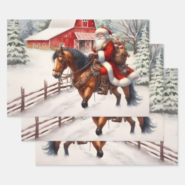 Western Santa on Horseback Country Christmas  Wrapping Paper Sheet (Set)