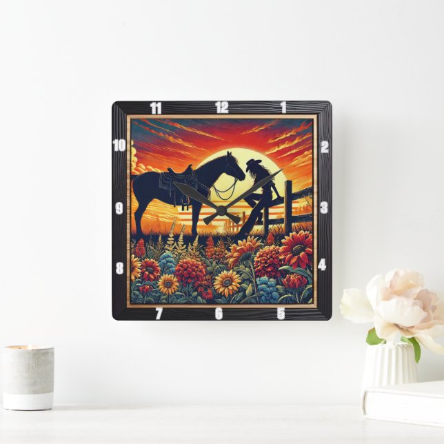 Western Scene Depicting Horse, Rider, Sunset Square Wall Clock (Home)