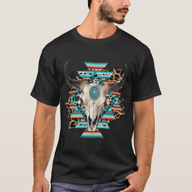 Western Serape Aztec Cow Skull Bull Skull Cowgirl  T-Shirt (Front)